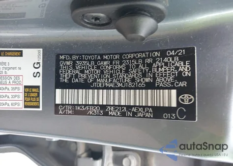 2021 Toyota Corolla Le from USA, damaged, VIN JTDEPMAE3MJ182165